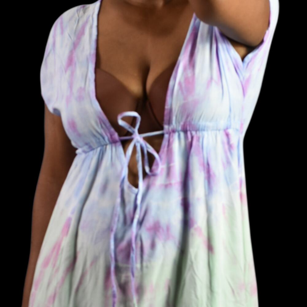 Pastel Tie Dye Maxi Swim Coverup Dress Blue Open Front Plunge Thigh Patio Small - Picture 4 of 14